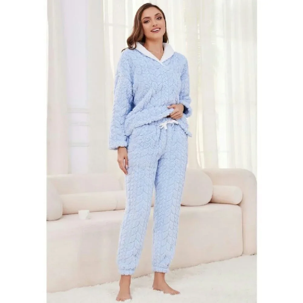 Soft Fleece Pajama Set Women's 2-Piece Plush Sleepwear Winter Loungewear